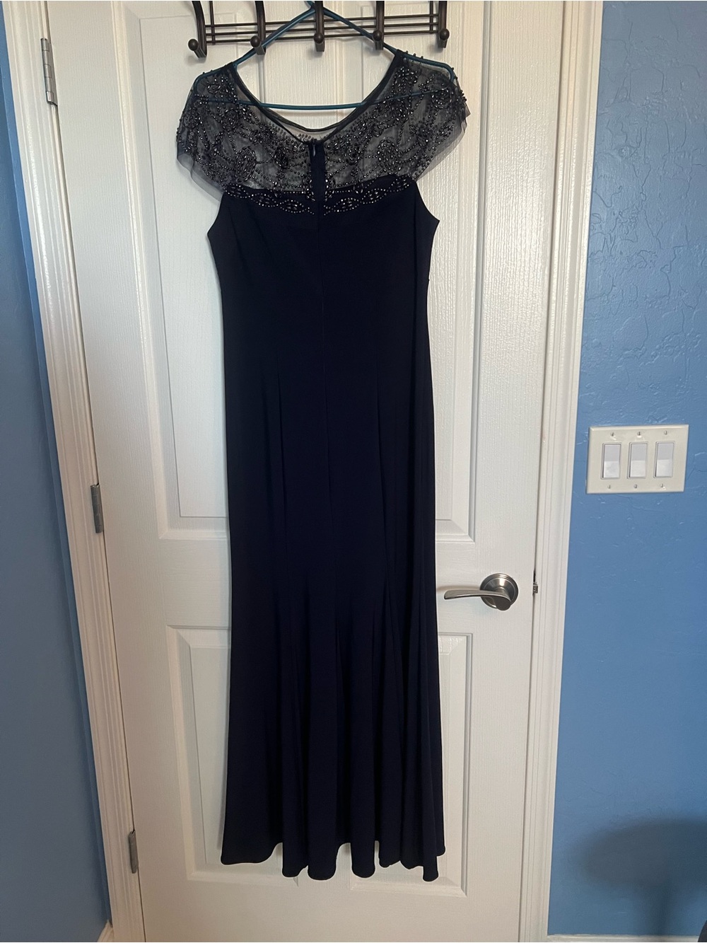 Elegant Blue Evening Gown with Beaded Illusion Neckline